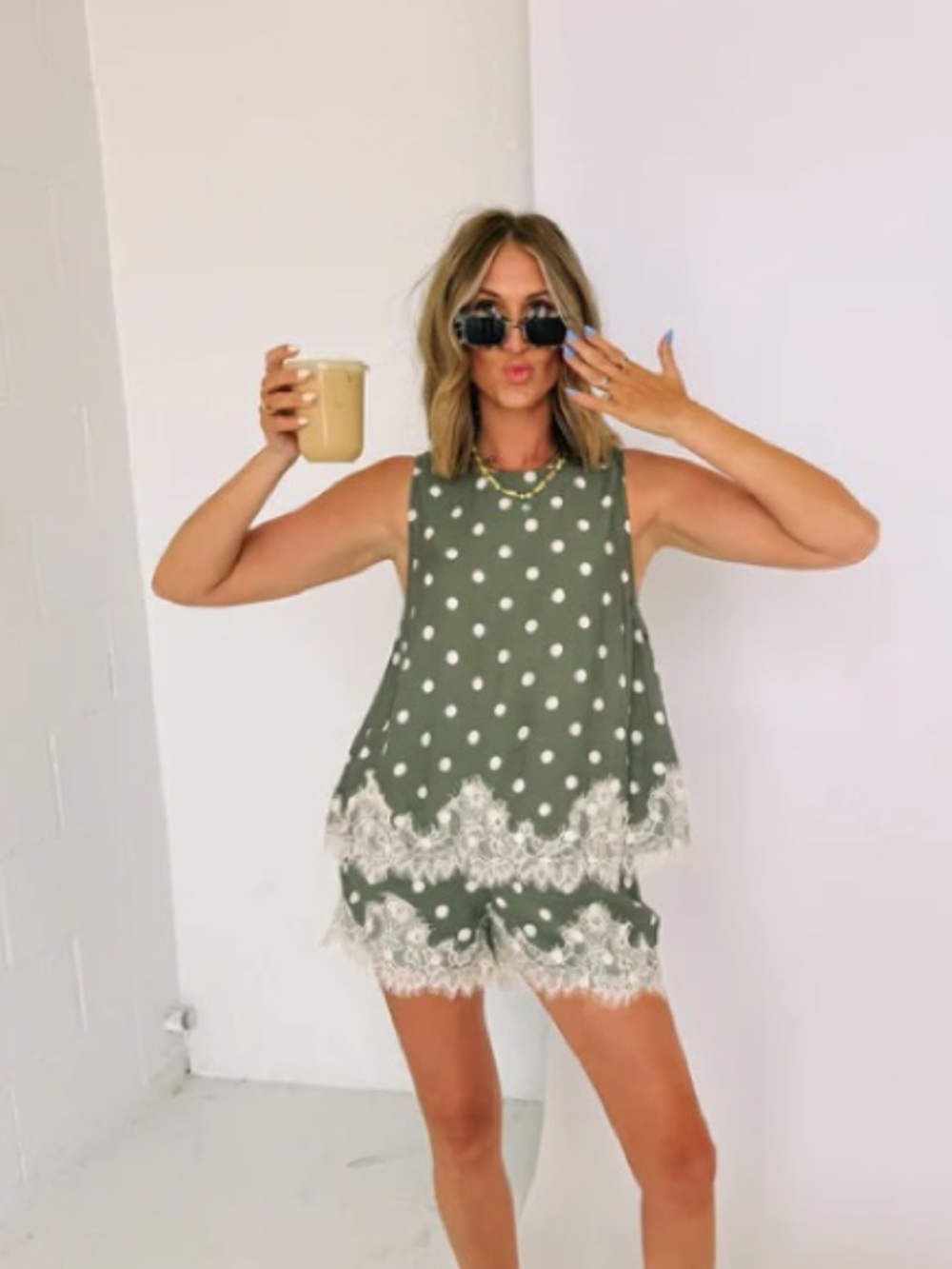 Polka Dot Lace Trim shorts,Olive Green